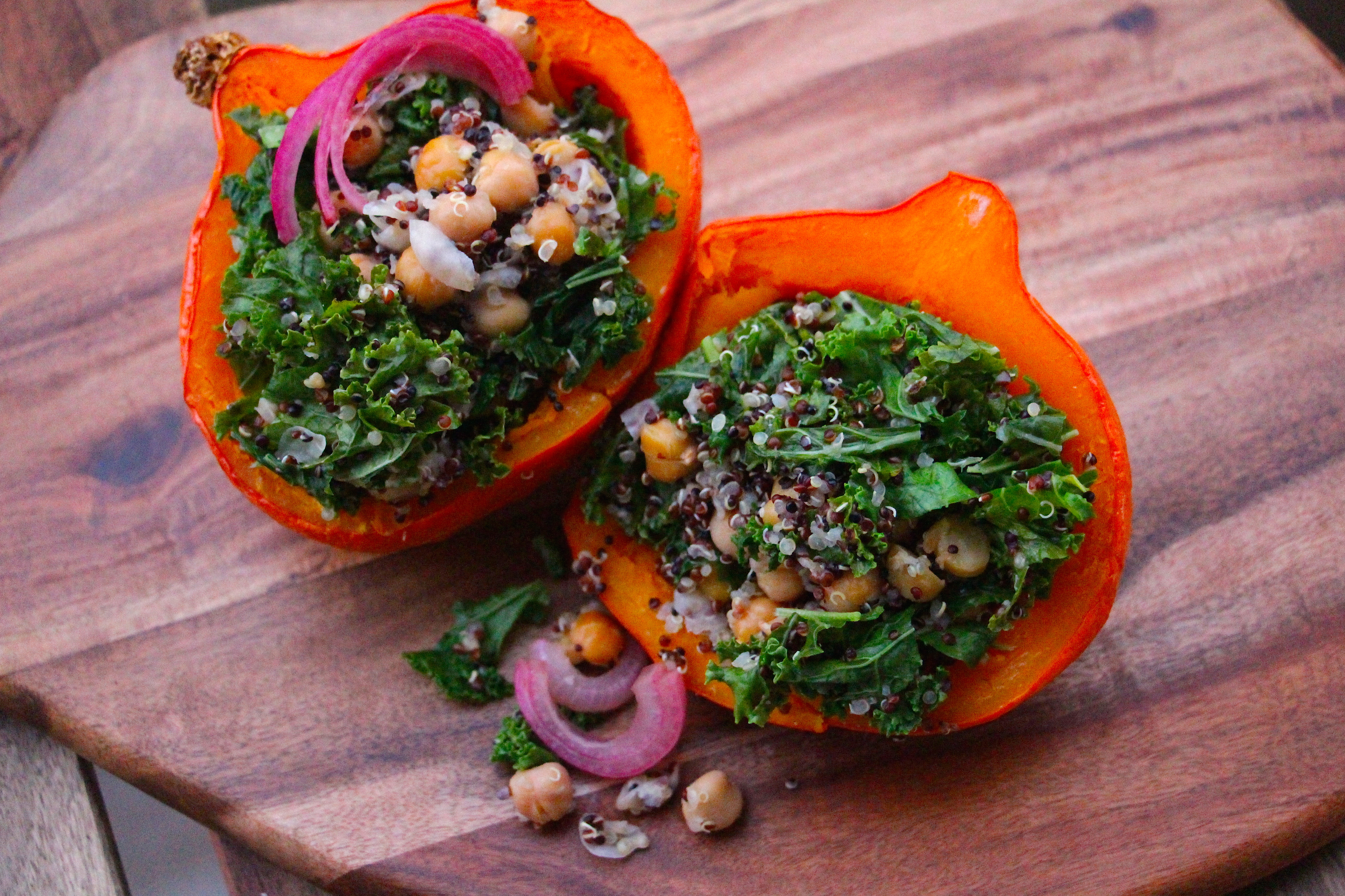 Kale, Chickpea, and Quinoa-Stuffed Red Kuri Squash with Quick-Pickled Red Onion