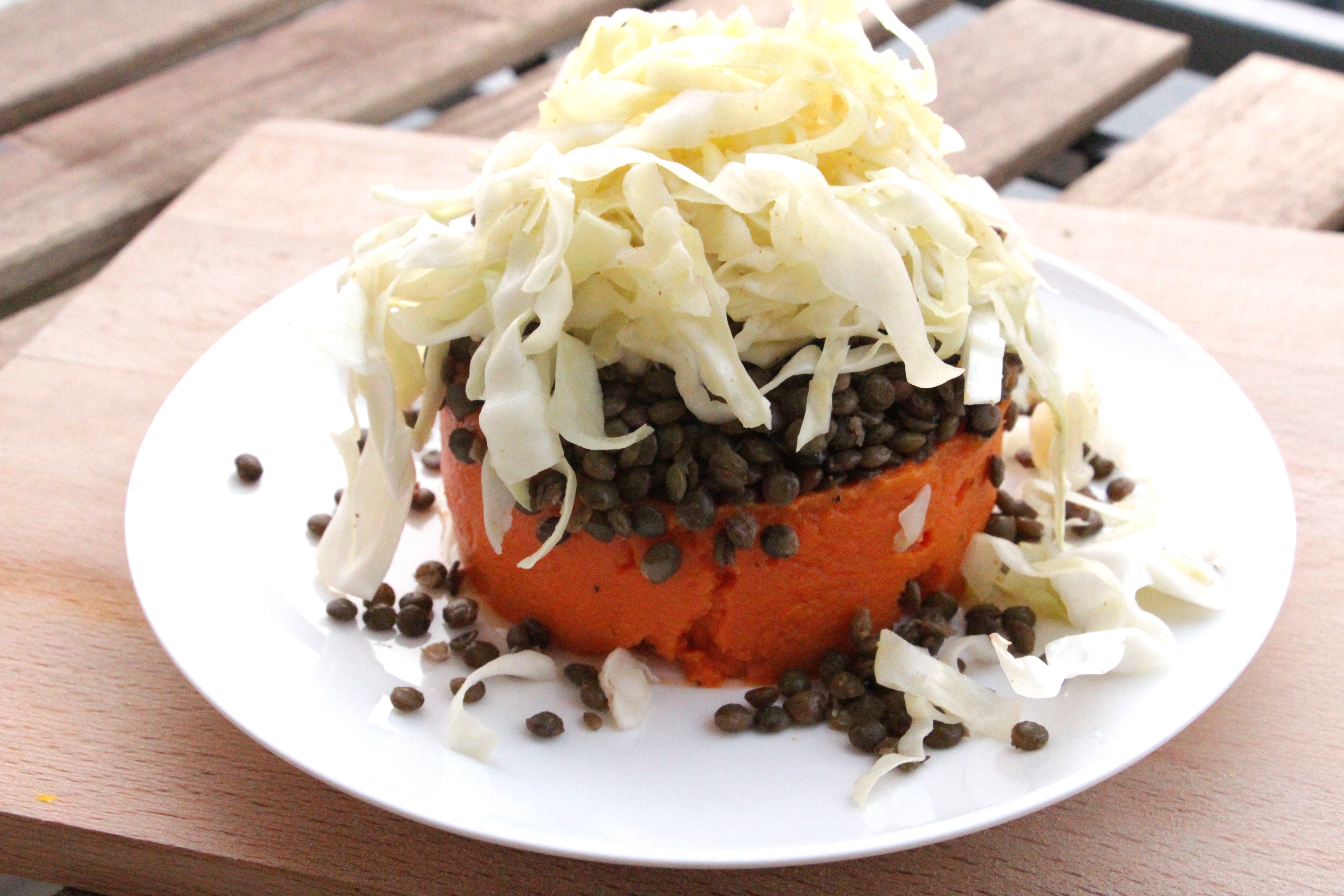 sweet potato purÃ©e with lentils and cabbage salad
